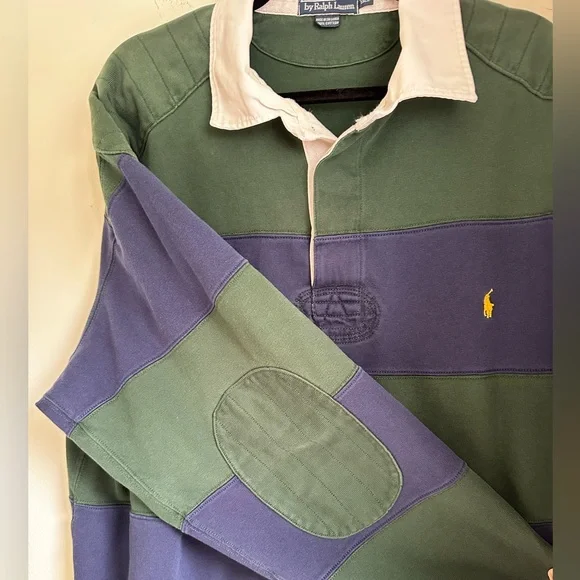 Vintage Polo by Ralph Lauren Hunter Green and Navy Rugby Shirt | Men’s 3XLT - Picture 3 of 5